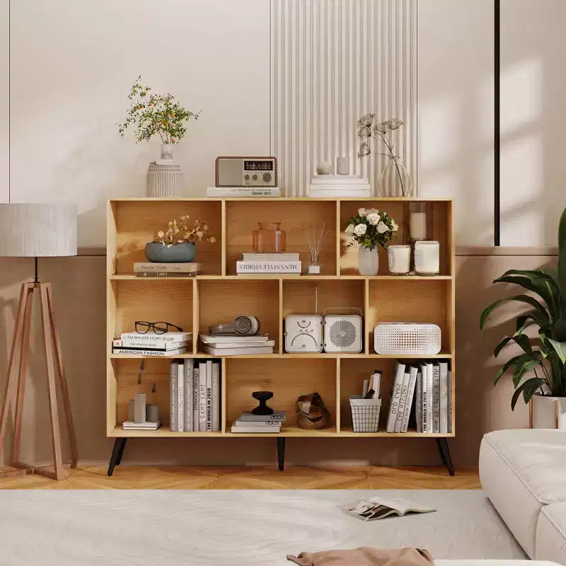 Libreria Aperta a 3 Ripiani e 10 Scomparti Marrone/Legno con Gambe in Ferro