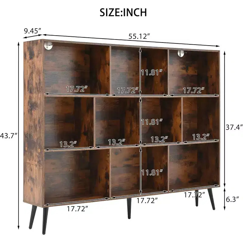 Libreria Aperta a 3 Ripiani e 10 Scomparti Marrone/Legno con Gambe in Ferro
