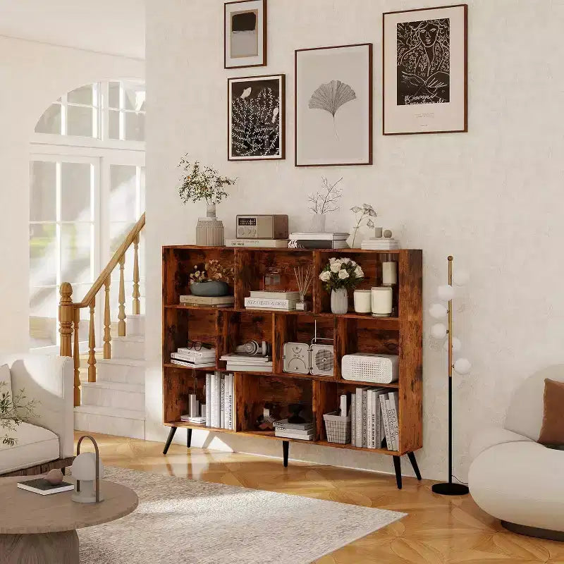 Libreria Aperta a 3 Ripiani e 10 Scomparti Marrone/Legno con Gambe in Ferro