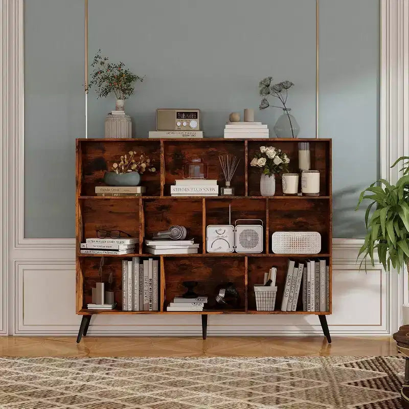 Libreria Aperta a 3 Ripiani e 10 Scomparti Marrone/Legno con Gambe in Ferro