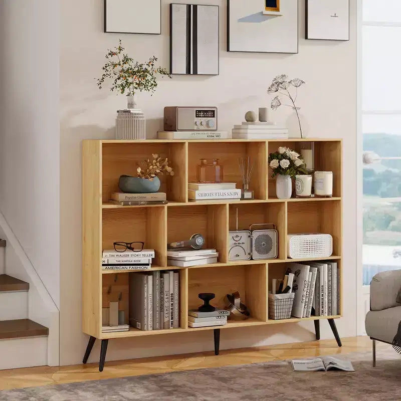 Libreria Aperta a 3 Ripiani e 10 Scomparti Marrone/Legno con Gambe in Ferro