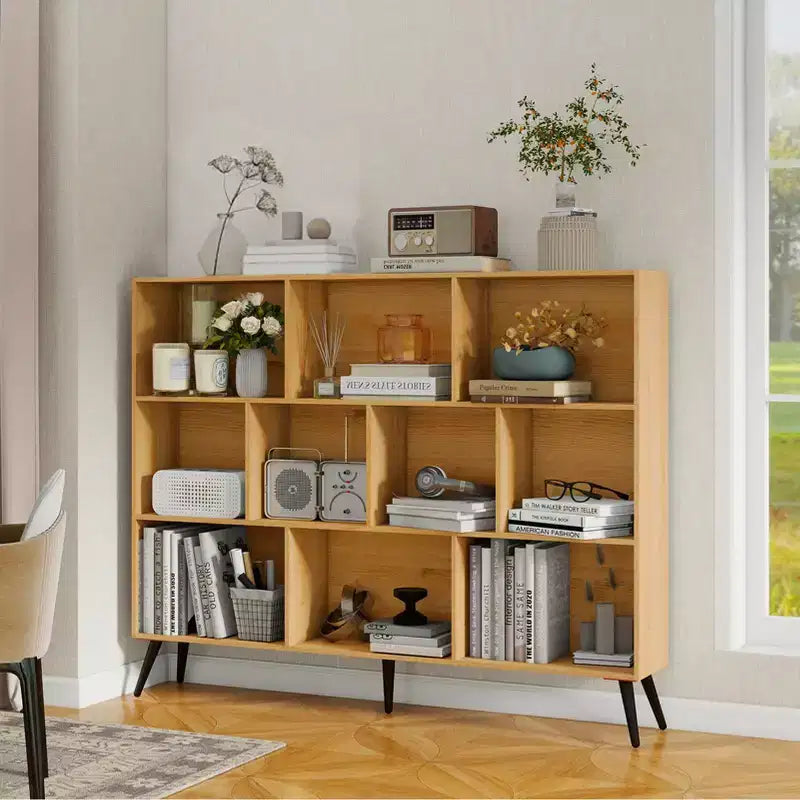 Libreria Aperta a 3 Ripiani e 10 Scomparti Marrone/Legno con Gambe in Ferro