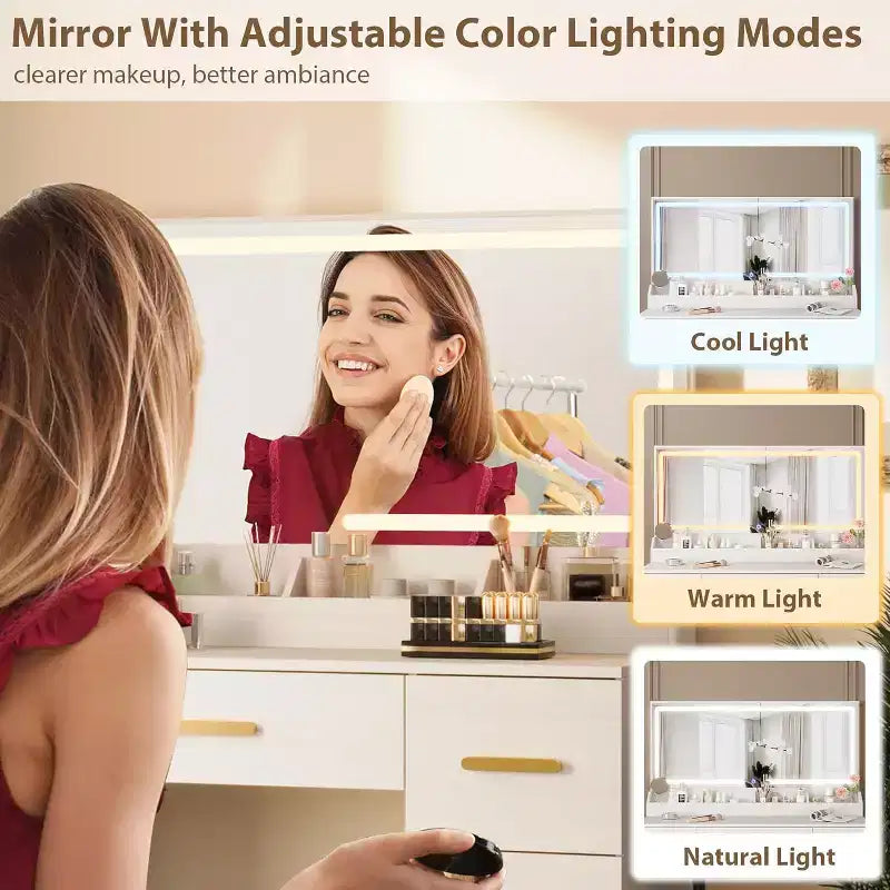 Toeletta make-up bianca/nera con specchio illuminato, 8 cassetti, 1 persona