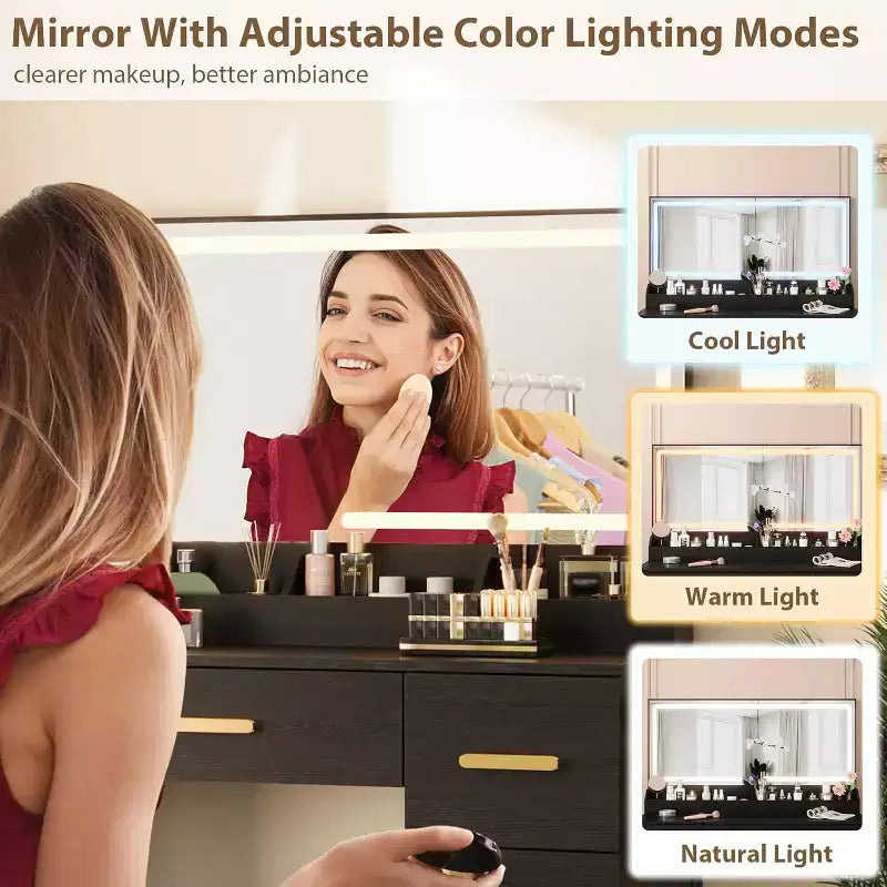 Toeletta make-up bianca/nera con specchio illuminato, 8 cassetti, 1 persona