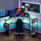 Scrivania gaming a L, nera, 1 persona, con LED e presa di corrente