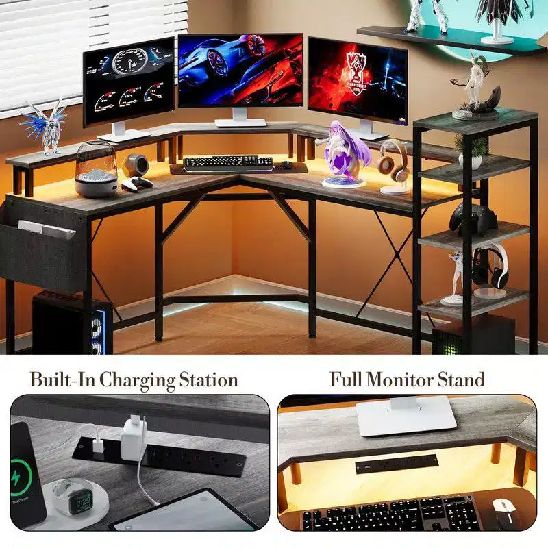 Scrivania gaming a L, nera, 1 persona, con LED e presa di corrente