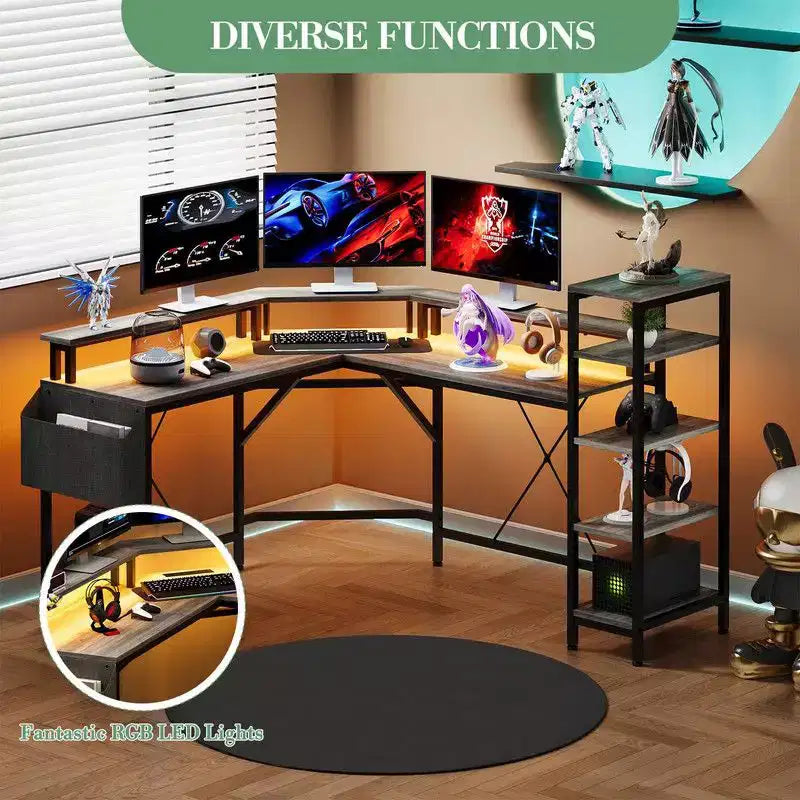 Scrivania gaming a L, nera, 1 persona, con LED e presa di corrente