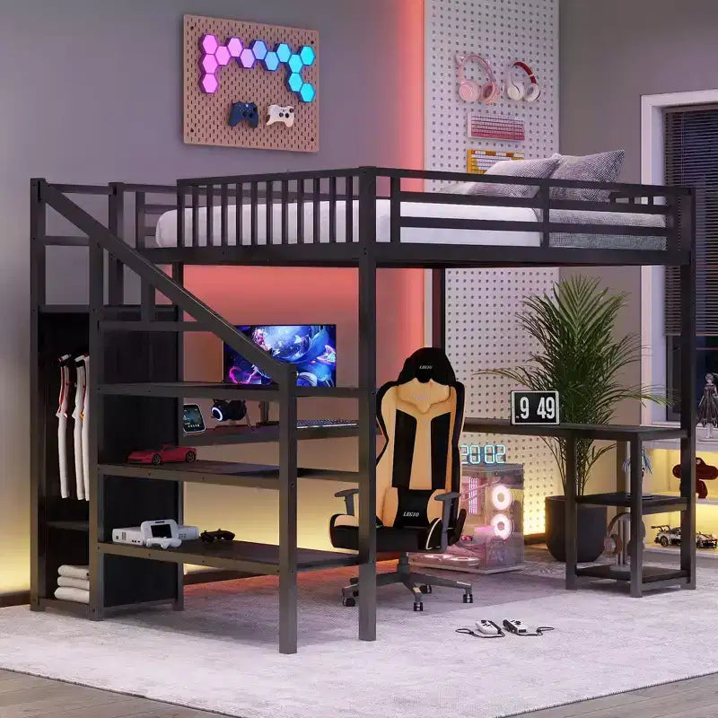 Letto a soppalco in metallo Full/Queen con armadio, scrivania a L, USB e luci a LED, telaio letto a soppalco salvaspazio per gaming - ModernLuxe