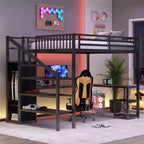 Letto a soppalco in metallo Full/Queen con armadio, scrivania a L, USB e luci a LED, telaio letto a soppalco salvaspazio per gaming - ModernLuxe