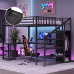 Letto a soppalco in metallo Full/Queen con armadio, scrivania a L, USB e luci a LED, telaio letto a soppalco salvaspazio per gaming - ModernLuxe