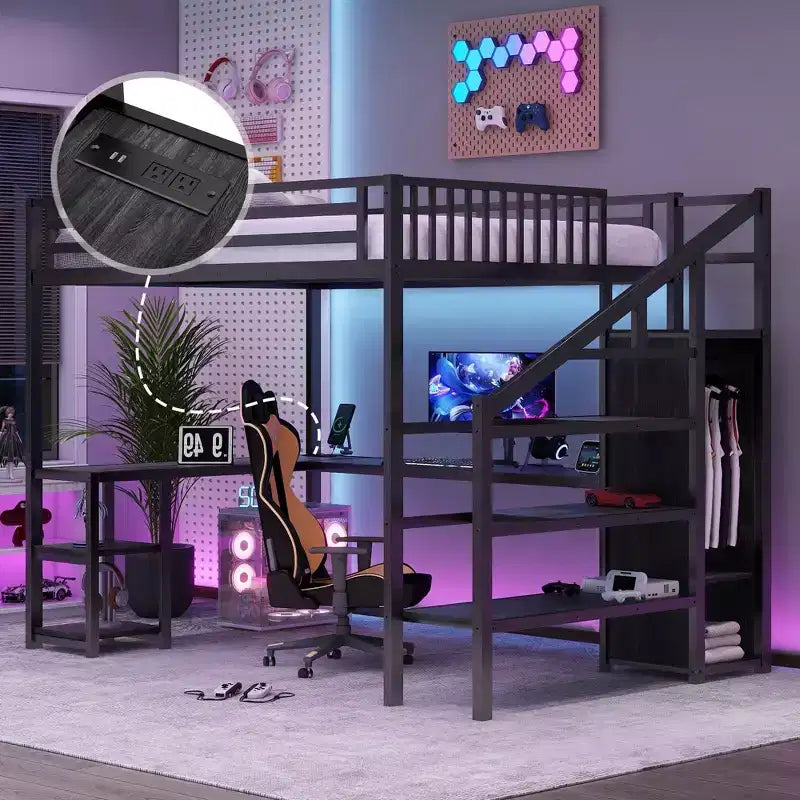 Letto a soppalco in metallo Full/Queen con armadio, scrivania a L, USB e luci a LED, telaio letto a soppalco salvaspazio per gaming - ModernLuxe