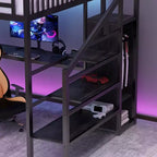 Letto a soppalco in metallo Full/Queen con armadio, scrivania a L, USB e luci a LED, telaio letto a soppalco salvaspazio per gaming - ModernLuxe