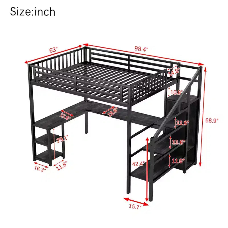 Letto a soppalco in metallo Full/Queen con armadio, scrivania a L, USB e luci a LED, telaio letto a soppalco salvaspazio per gaming - ModernLuxe