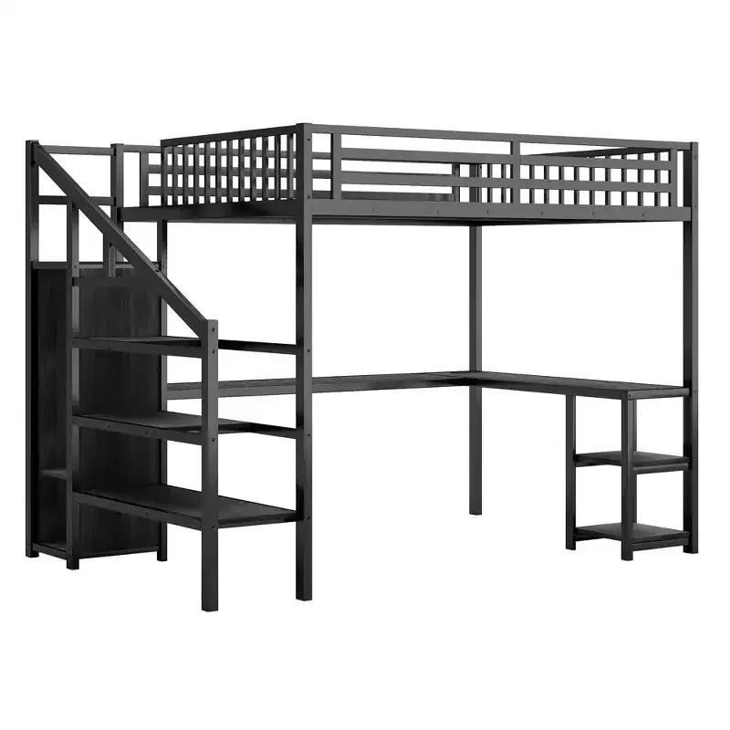 Letto a soppalco in metallo Full/Queen con armadio, scrivania a L, USB e luci a LED, telaio letto a soppalco salvaspazio per gaming - ModernLuxe