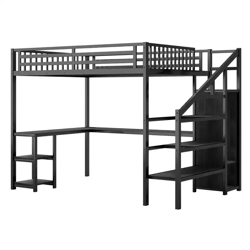 Letto a soppalco in metallo Full/Queen con armadio, scrivania a L, USB e luci a LED, telaio letto a soppalco salvaspazio per gaming - ModernLuxe