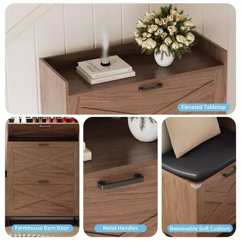 Panchina scarpiera, panca da ingresso in legno con 4 cassetti a ribalta e seduta imbottita, mobile portascarpe a scomparsa per corridoio e soggiorno