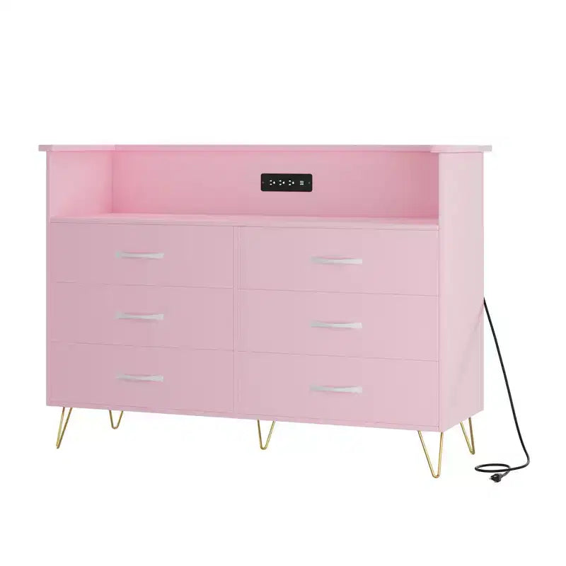 Comò a 6 cassetti con luci a LED e stazione di ricarica – Nero / Rosa / Bianco, 1 persona