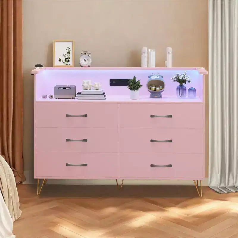 Comò a 6 cassetti con luci a LED e stazione di ricarica – Nero / Rosa / Bianco, 1 persona