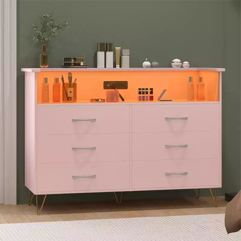 Comò a 6 cassetti con luci a LED e stazione di ricarica – Nero / Rosa / Bianco, 1 persona