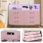 Comò a 6 cassetti con luci a LED e stazione di ricarica – Nero / Rosa / Bianco, 1 persona