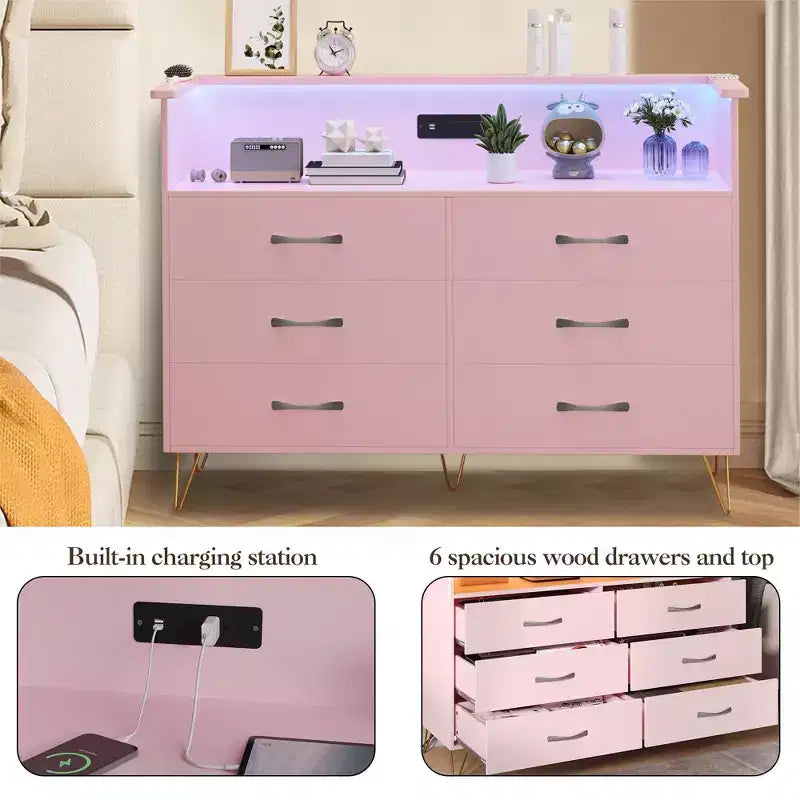 Comò a 6 cassetti con luci a LED e stazione di ricarica – Nero / Rosa / Bianco, 1 persona