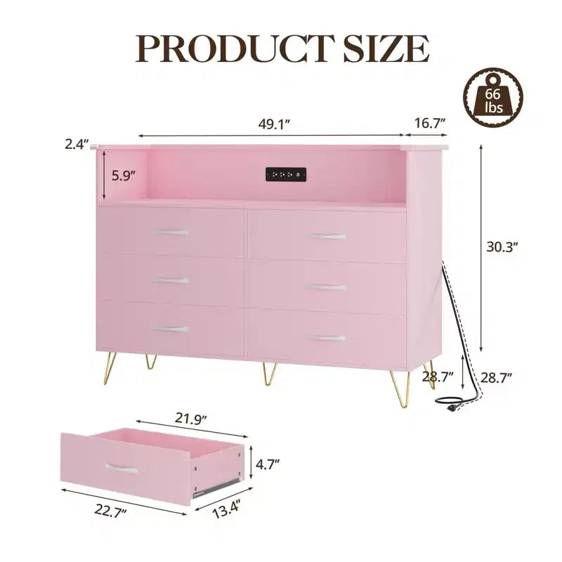 Comò a 6 cassetti con luci a LED e stazione di ricarica – Nero / Rosa / Bianco, 1 persona