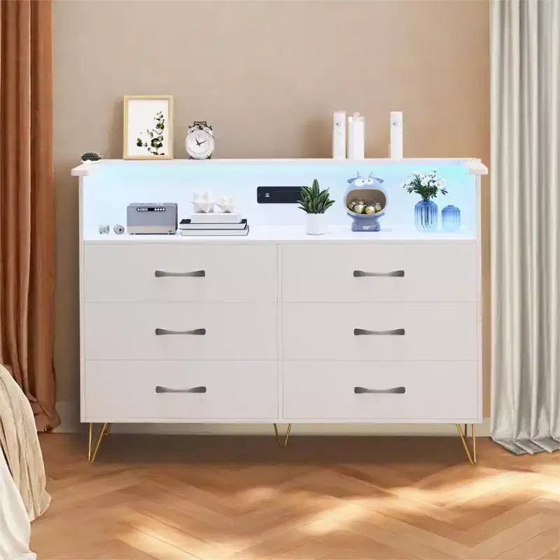 Comò a 6 cassetti con luci a LED e stazione di ricarica – Nero / Rosa / Bianco, 1 persona