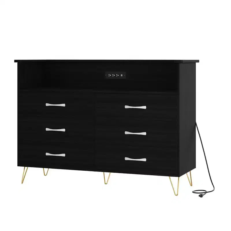 Comò a 6 cassetti con luci a LED e stazione di ricarica – Nero / Rosa / Bianco, 1 persona
