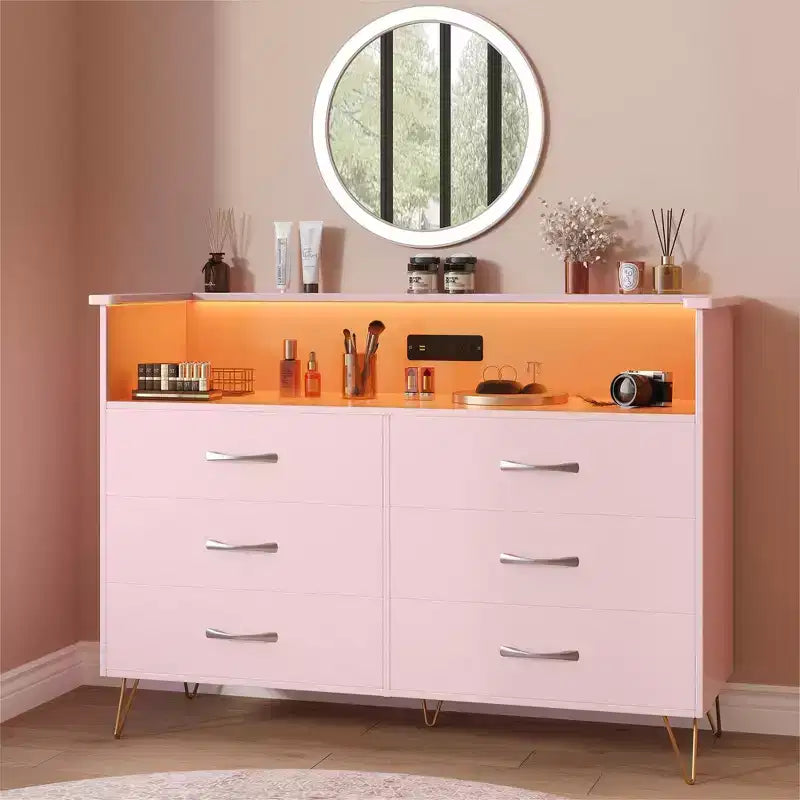 Comò a 6 cassetti con luci a LED e stazione di ricarica – Nero / Rosa / Bianco, 1 persona