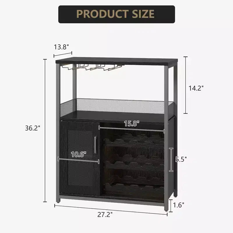 Credenza mobile bar a 3 livelli con portabottiglie e spazio contenitore, mobile buffet con portabicchieri e anta a rete, per cucina, soggiorno e bar