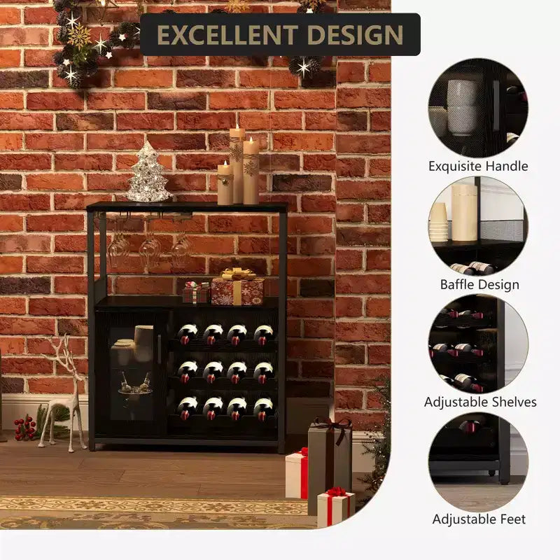 Credenza mobile bar a 3 livelli con portabottiglie e spazio contenitore, mobile buffet con portabicchieri e anta a rete, per cucina, soggiorno e bar
