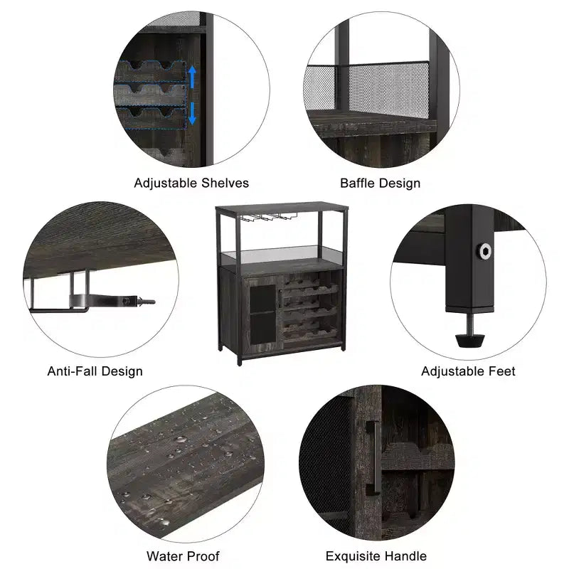 Credenza mobile bar a 3 livelli con portabottiglie e spazio contenitore, mobile buffet con portabicchieri e anta a rete, per cucina, soggiorno e bar