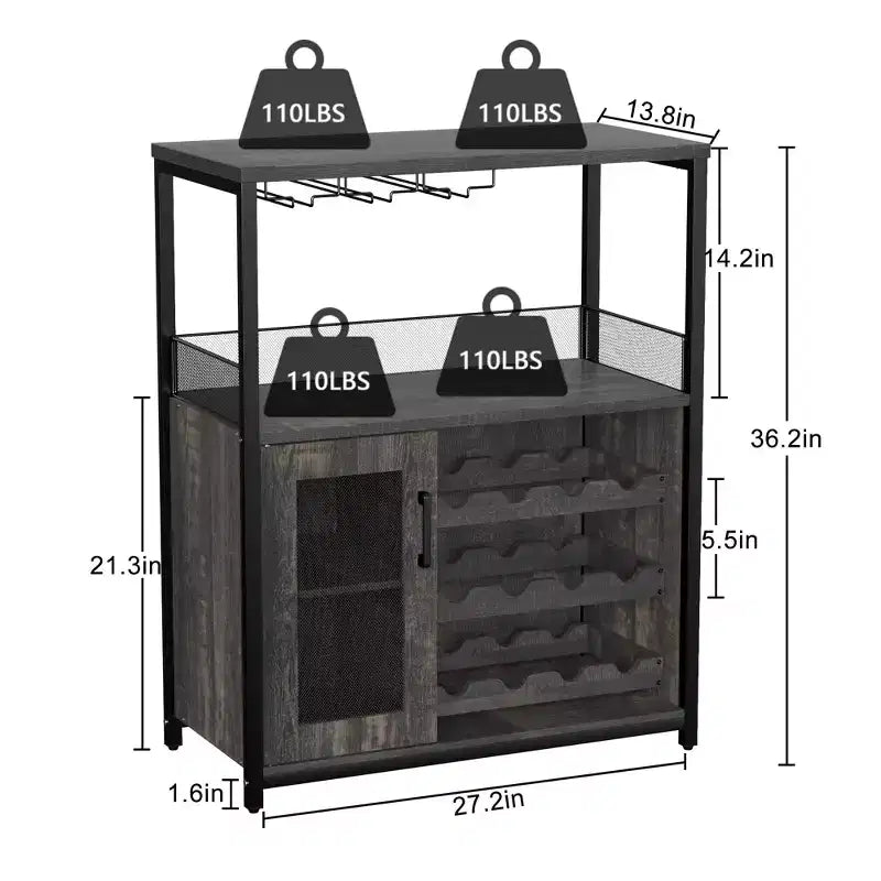 Credenza mobile bar a 3 livelli con portabottiglie e spazio contenitore, mobile buffet con portabicchieri e anta a rete, per cucina, soggiorno e bar