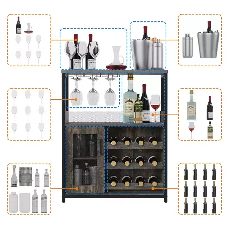 Credenza mobile bar a 3 livelli con portabottiglie e spazio contenitore, mobile buffet con portabicchieri e anta a rete, per cucina, soggiorno e bar