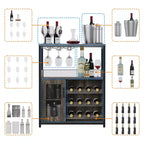 Credenza mobile bar a 3 livelli con portabottiglie e spazio contenitore, mobile buffet con portabicchieri e anta a rete, per cucina, soggiorno e bar