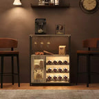 Credenza mobile bar a 3 livelli con portabottiglie e spazio contenitore, mobile buffet con portabicchieri e anta a rete, per cucina, soggiorno e bar