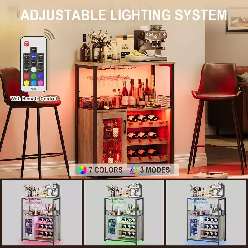 Credenza mobile bar a 3 livelli con portabottiglie e spazio contenitore, mobile buffet con portabicchieri e anta a rete, per cucina, soggiorno e bar