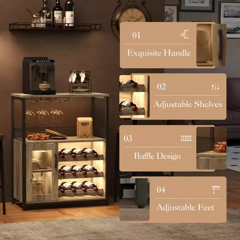 Credenza mobile bar a 3 livelli con portabottiglie e spazio contenitore, mobile buffet con portabicchieri e anta a rete, per cucina, soggiorno e bar