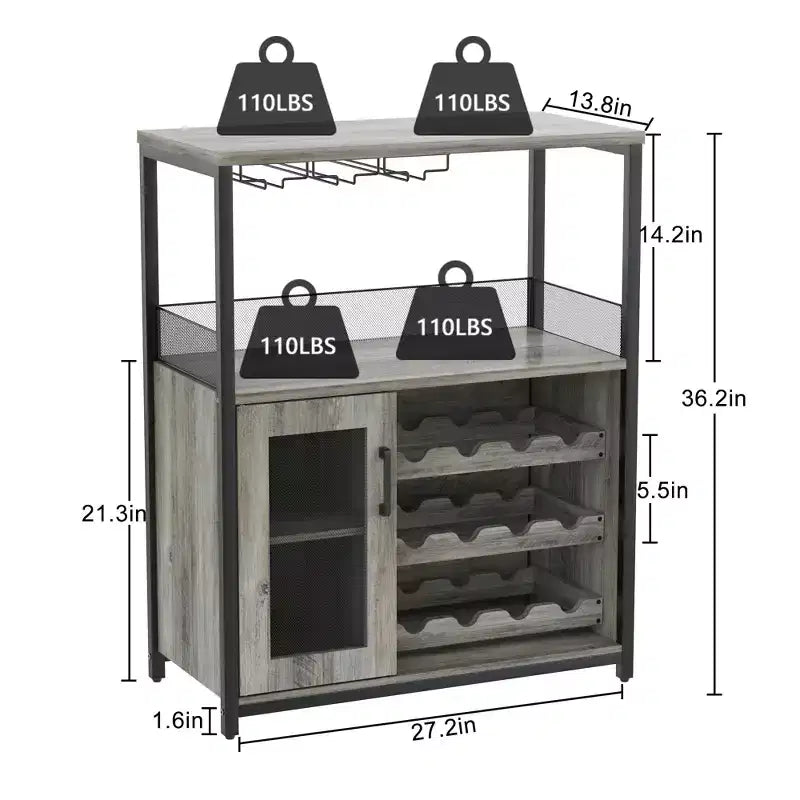 Credenza mobile bar a 3 livelli con portabottiglie e spazio contenitore, mobile buffet con portabicchieri e anta a rete, per cucina, soggiorno e bar