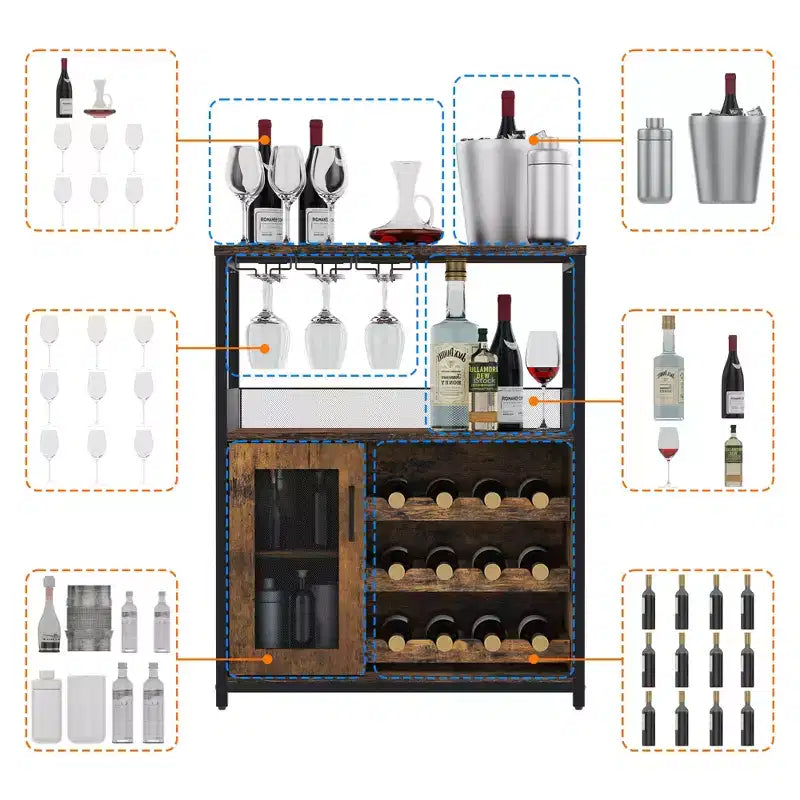 Credenza mobile bar a 3 livelli con portabottiglie e spazio contenitore, mobile buffet con portabicchieri e anta a rete, per cucina, soggiorno e bar
