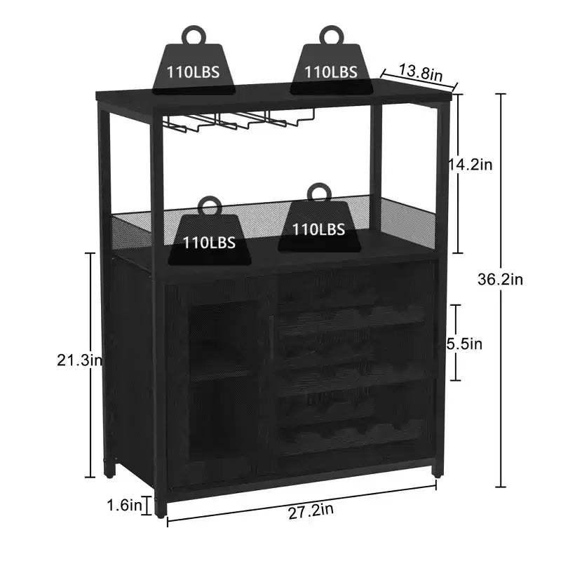 Credenza mobile bar a 3 livelli con portabottiglie e spazio contenitore, mobile buffet con portabicchieri e anta a rete, per cucina, soggiorno e bar