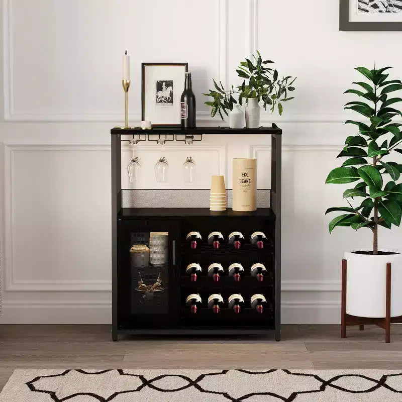 3-Tier Wine Bar Cabinet with Wine Rack and Storage Space, Buffet Cabinet with Glass Holder and Mesh Door, for Kitchen, Living Room and Bar