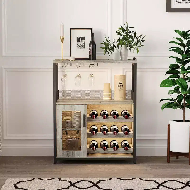 Credenza mobile bar a 3 livelli con portabottiglie e spazio contenitore, mobile buffet con portabicchieri e anta a rete, per cucina, soggiorno e bar