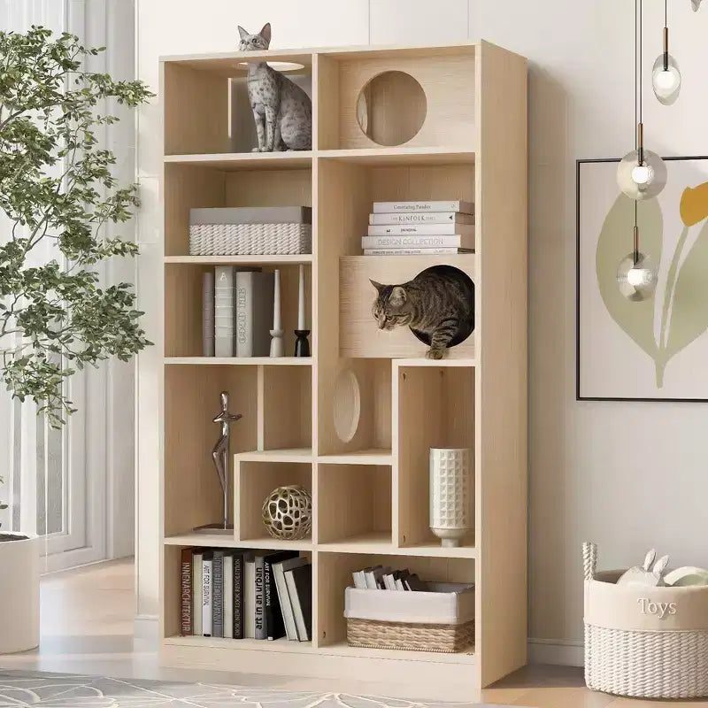 Libreria moderna Okak con lettiera per gatti, vetrina con ripiano per gatti, libreria 2 in 1 per soggiorno, camera da letto, naturale