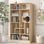 Libreria moderna Okak con lettiera per gatti, vetrina con ripiano per gatti, libreria 2 in 1 per soggiorno, camera da letto, naturale