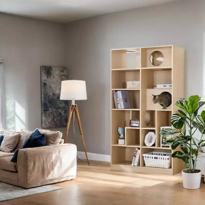 Libreria moderna Okak con lettiera per gatti, vetrina con ripiano per gatti, libreria 2 in 1 per soggiorno, camera da letto, naturale