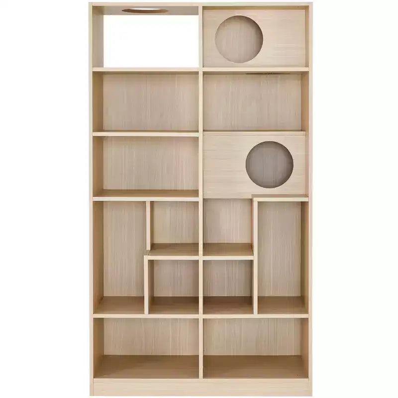 Libreria moderna Okak con lettiera per gatti, vetrina con ripiano per gatti, libreria 2 in 1 per soggiorno, camera da letto, naturale