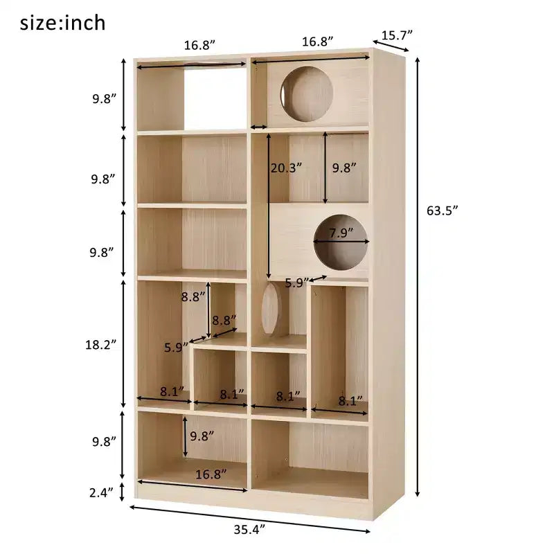Libreria moderna Okak con lettiera per gatti, vetrina con ripiano per gatti, libreria 2 in 1 per soggiorno, camera da letto, naturale