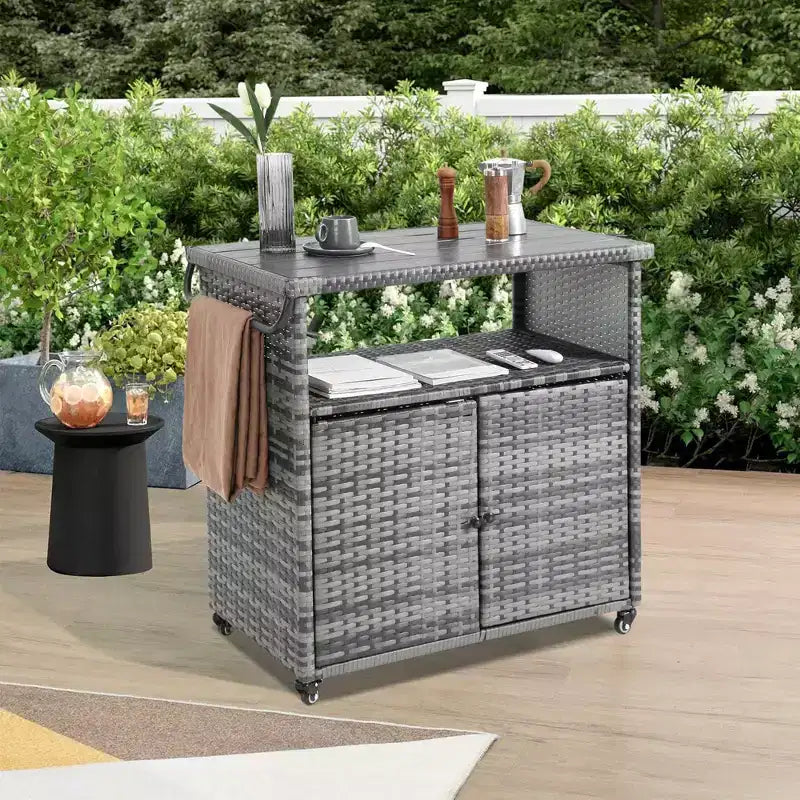 NAYSAYE Carrello Bar da Esterno in Vimini con Piano in Vetro per Patio, Grigio, 35.2*20.6*34.2