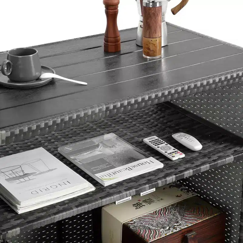 NAYSAYE Carrello Bar da Esterno in Vimini con Piano in Vetro per Patio, Grigio, 35.2*20.6*34.2